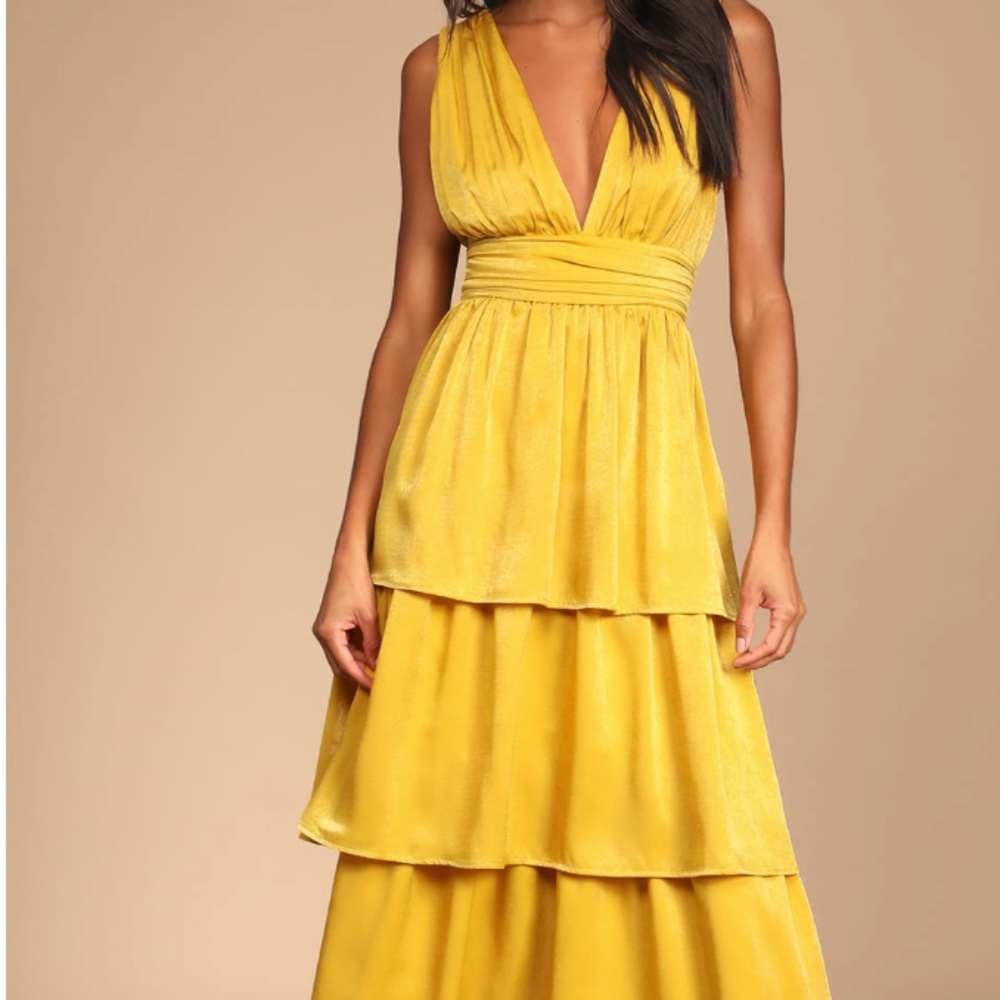 Mustard Yellow Satin Tiered Tie-Back Midi Dress Lulu Dress Size Small